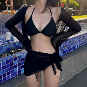 Bikini 4 mảnh đi biển chất cotton, đồ bơi lưới xẻ ngực 4 món đơn giản