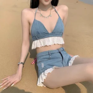 Bikini short áo cột nơ quần đùi chất jean phối ren, set bikini denim hè phong cách