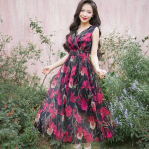 Đầm maxi voan cổ V