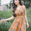 Đầm maxi voan cổ V nâu đất hoa cúc – vintage, nền nã