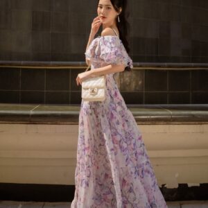 Đầm maxi trễ vai hoa nhí tím