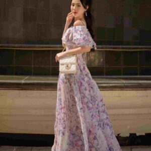 Đầm maxi trễ vai hoa nhí tím
