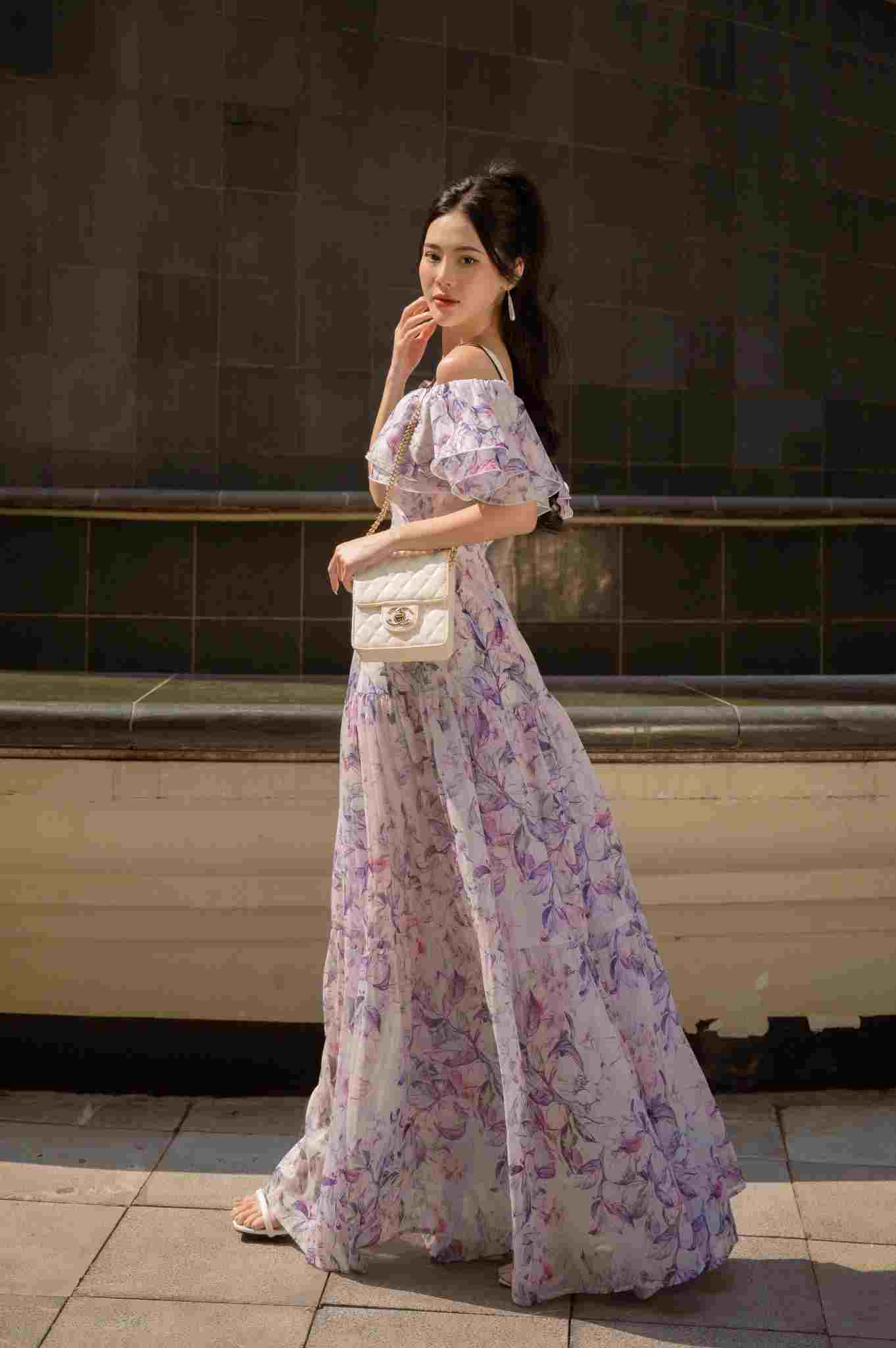 đầm maxi trễ vai hoa nhí màu tím 76